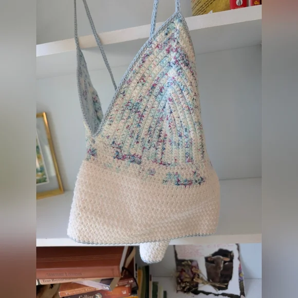 Handmade Crocheted Bralette Tank Top Cropped Blue White Speckle Sz Medium - Picture 10 of 10